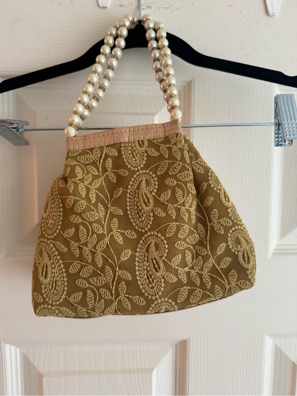 Olive Green Embroidered Clutch with Pearl Handle